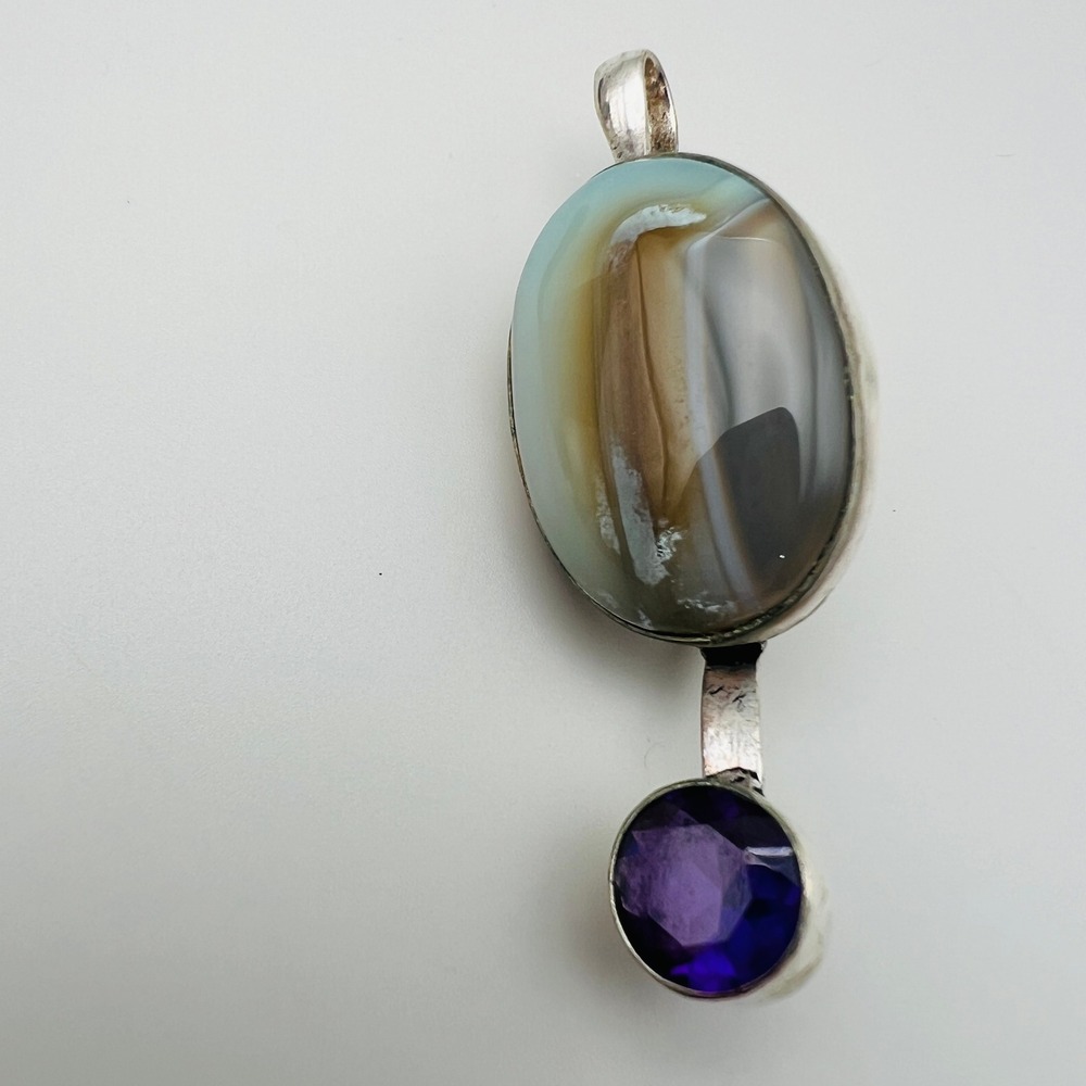 Silver Tone Pendant Agate Cabochon Purple Glass Artisan Statement Necklace